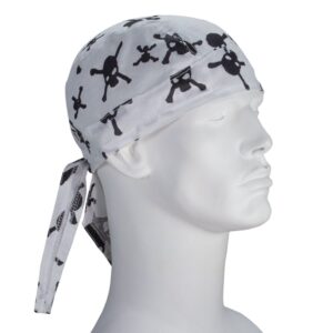 Tossed Black Skulls and Crossbones on White Doo Rag - 12 pieces