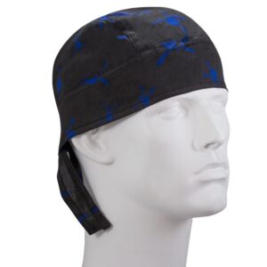 Tossed Blue Skulls and Crossbones on Black Doo Rag - 12 pieces