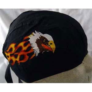 Black Doo Rag with Flaming Eagle on the Side Head Wrap - 1 piece