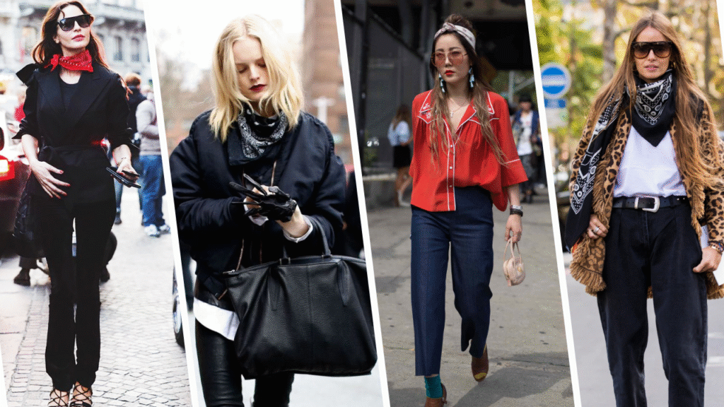 The image shows a collage of four women showcasing different styles of wearing bandanas as accessories. Each individual appears dressed in a fashionable outfit, incorporating the bandana as a focal point. The styles range from casual to chic, with the bandanas tied around the neck, styled as a headband, or worn over a shirt. The backgrounds suggest a street-style setting.