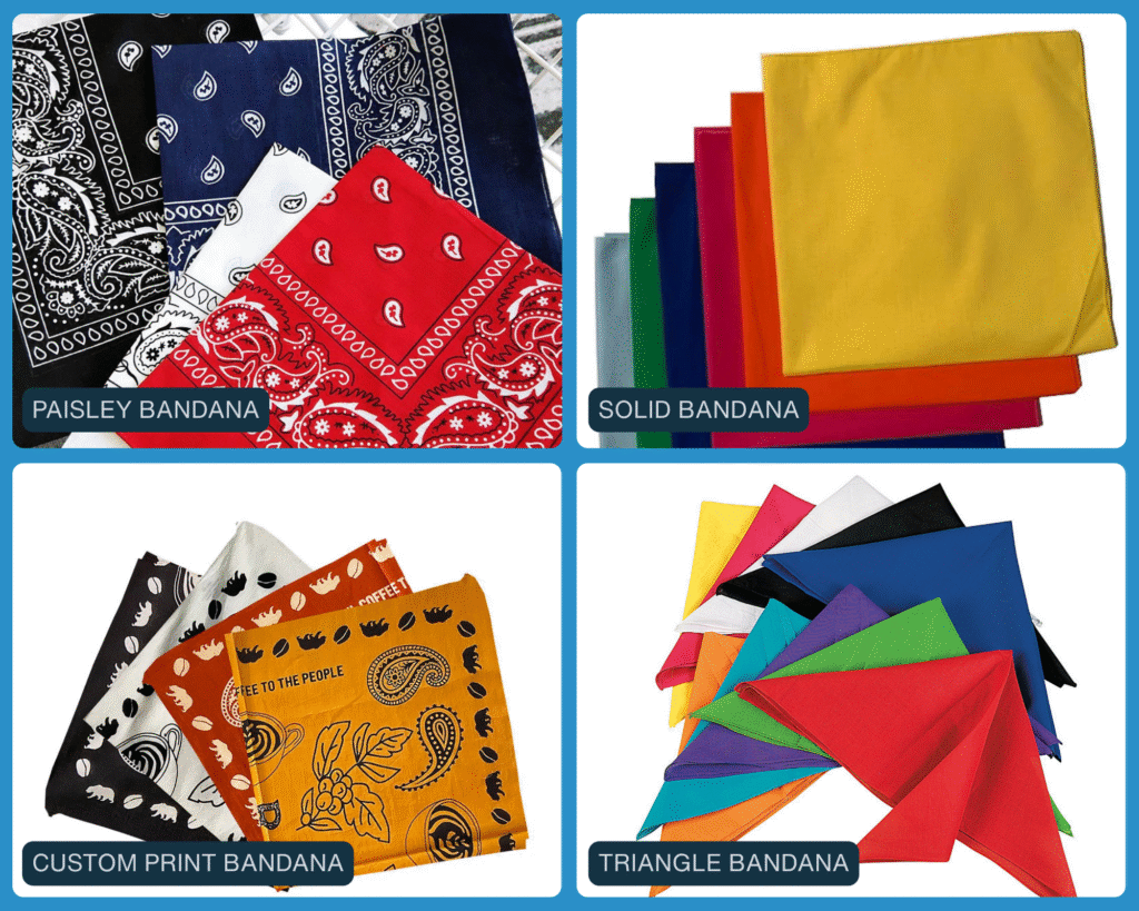 Infographic image illustrating various types of bandanas: paisley, solid color, custom printed, and triangle-shaped styles.