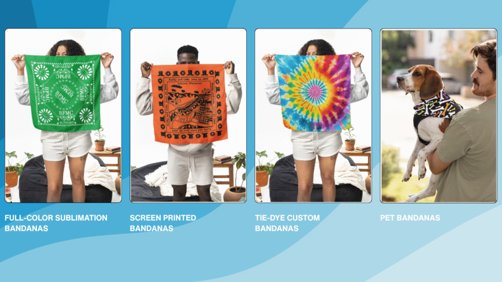 A promotional image displaying four types of custom bandanas. From left to right: a person holding a green full-color sublimation bandana with white custom graphics; another person holding an orange screen printed bandana with black ink design; the same person holding a colorful tie-dye custom bandana with a spiral pattern; and a man holding a dog wearing a black pet bandana with multicolor print. Each bandana type is labeled below with blue background banners.