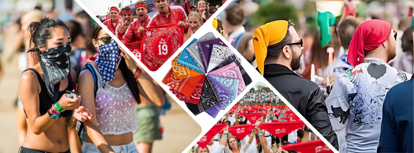 A collage of people utilizing bandana on different event settings