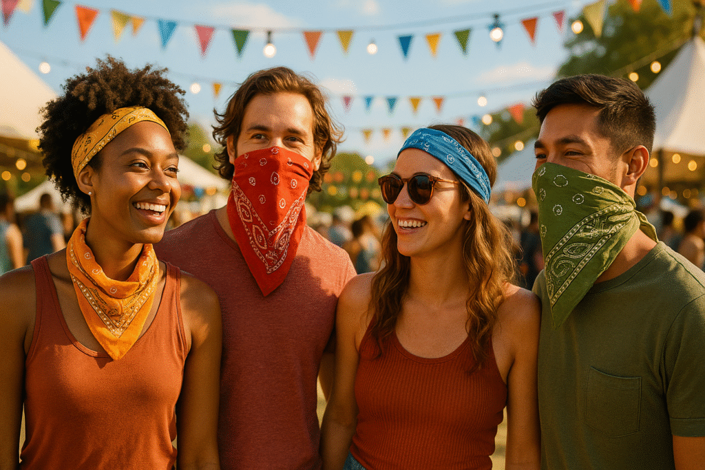 A vibrant outdoor festival scene with four diverse people smiling and enjoying the event. They wear colorful cotton bandanas in different styles—around the neck, as headbands, and as face coverings. Behind them, strings of lights, triangular flags, tents, and a clear sunny sky enhance the festive atmosphere