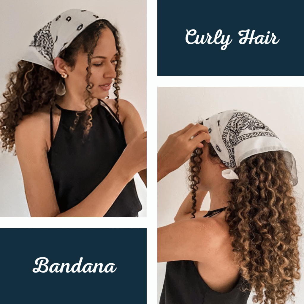 a woman with curly hair wearing a bandana