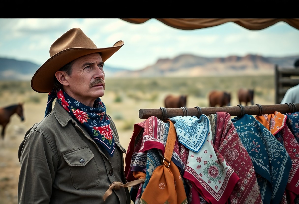 Cowboy in a brown hat stands beside colorful bandanas displayed on a rack, with a desert landscape and horses in the blurred background. Quiet and contemplative tone.