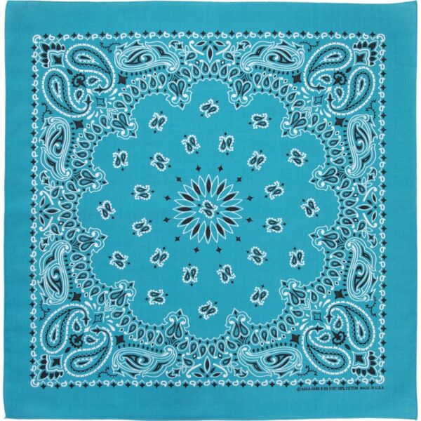 600pcs/Case, Western Paisley Bandana - Made in USA 100% Cotton, Turquoise, 22" x 22"