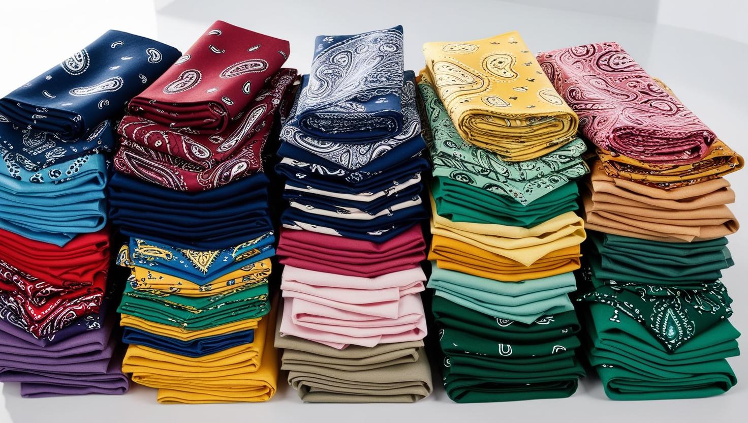 Stacks of neatly folded bandanas in various colors, including blue, red, purple, green, and yellow. Each bandana features intricate paisley designs.