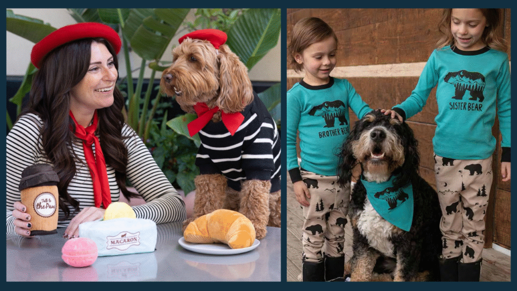 Two images side by side. Left: A woman and dog wearing matching berets and striped tops, with toy pastries on the table. Right: Two kids in matching pajamas with a dog wearing a bandana, all smiling. Playful and cheerful atmosphere.
