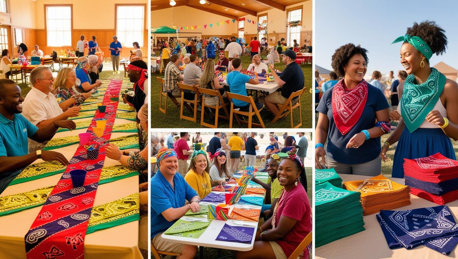 People at a lively community event enjoy crafts. They sit at tables, smiling and arranging colorful bandanas. The atmosphere is vibrant and cheerful.