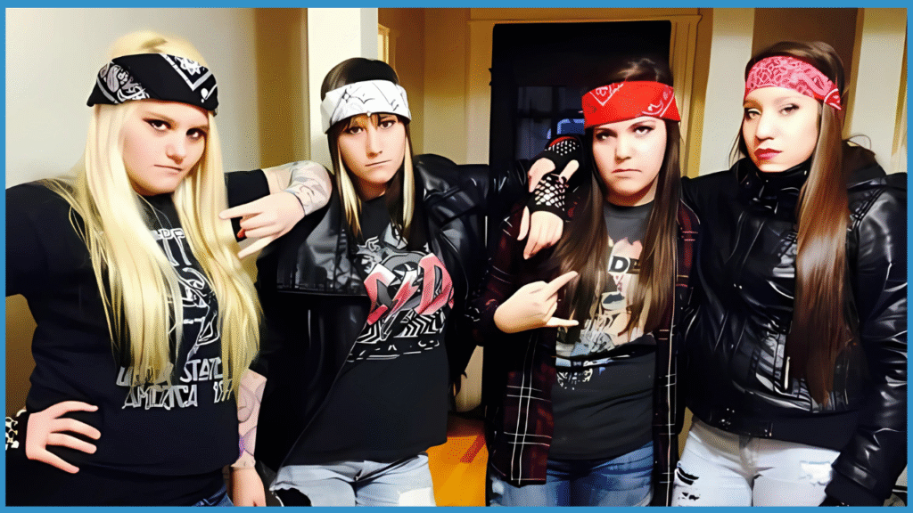 Four women with serious expressions pose together indoors, wearing bandanas and leather jackets, exuding a rebellious rock-and-roll vibe.