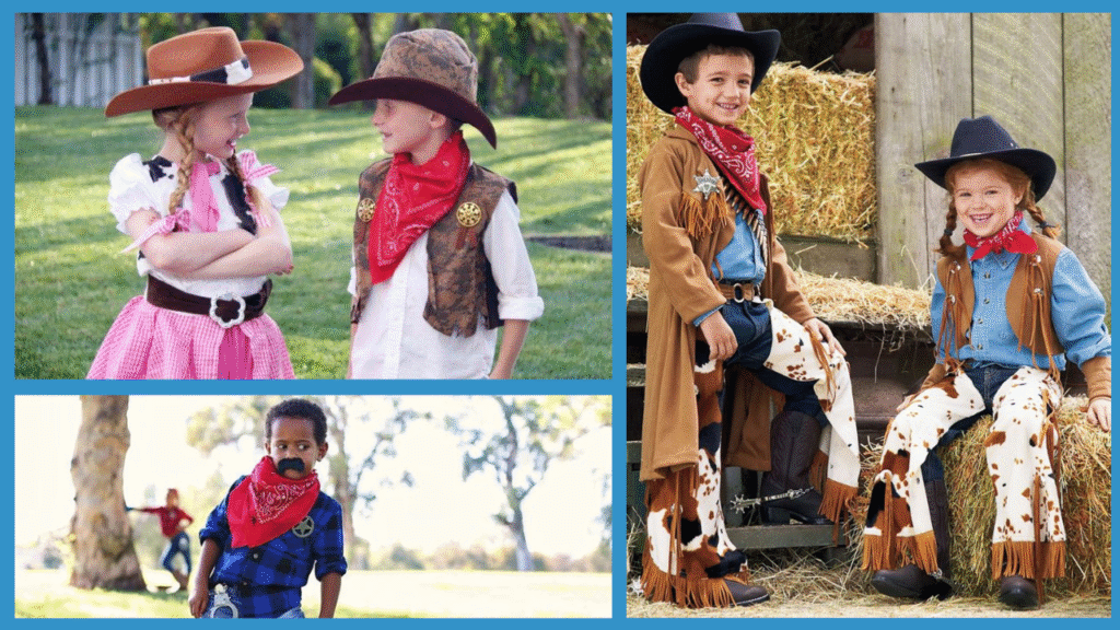 Children dressed as cowboys and cowgirls, wearing hats, bandanas, and boots. They are smiling and posing outdoors, conveying a playful Western theme.