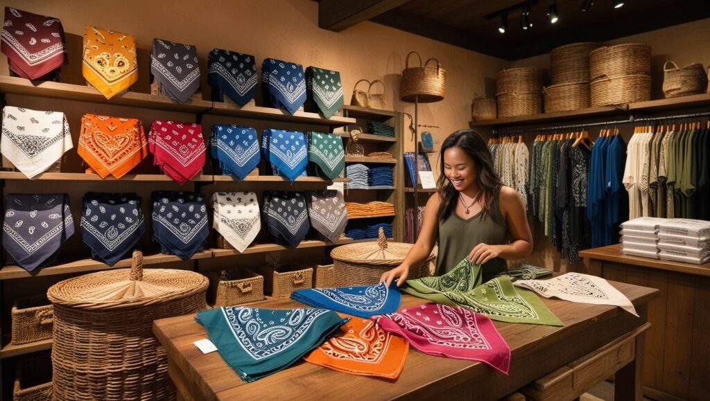 Customer browsing a cozy boutique store display of colorful cotton bandanas arranged on wooden shelves, baskets, and racks. The bandanas feature various patterns including paisley and custom designs, with warm lighting and rustic decor creating an inviting, artisanal shopping atmosphere. Subtle signs of bulk inventory appear in the background."