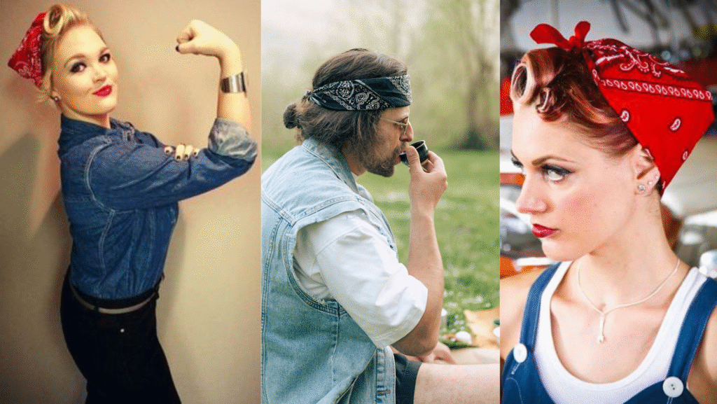 Three people in vintage styles. Left: Woman flexing in denim with red bandana, confident. Center: Man in sunglasses and bandana smokes pipe, relaxed. Right: Woman with red bandana and retro curls, thoughtful.