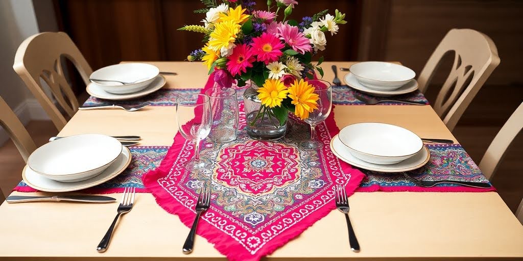 Colorful cotton bandana spread out on a dining table, adding a vibrant touch to the setting.