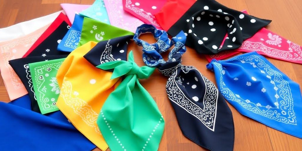 Colorful bandanas arranged in a circle, showcasing different patterns and styles for fashion accessories or hair ties
