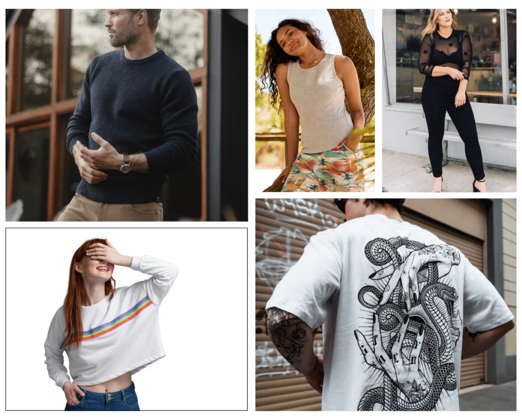 A collage of five people showcasing diverse fashion styles: a man in a navy sweater, women in sleeveless tops, a sheer star-patterned shirt, a rainbow-striped cropped top, and a graphic tee with snake designs. The scene is trendy, casual, and expressive.