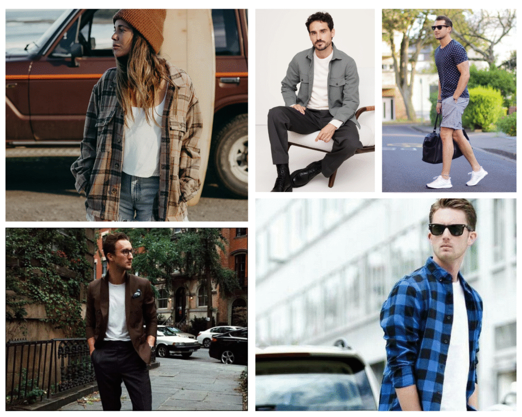 A collage of five stylish individuals showcases diverse fashion: a woman in a beanie and flannel, men in casual and smart wear, exuding confidence.