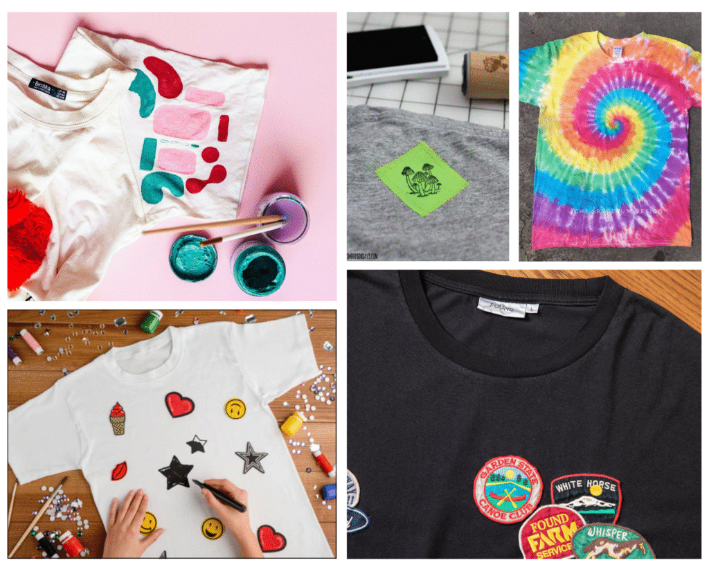 Collage of creative T-shirt designs: painted abstract patterns, embroidered patch on gray, colorful tie-dye spiral, decorated with stickers, and badges.