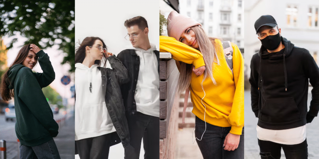 Collage of diverse people wearing hoodies in various lifestyle settings, including outdoor, urban, and casual indoor environments