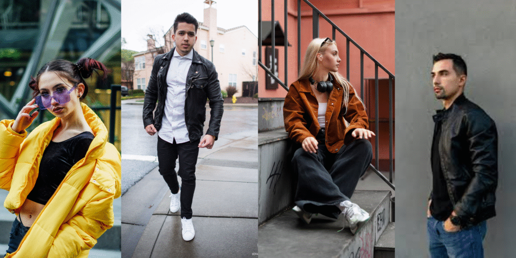 A collage of four people with distinct styles. From left to right: A person in a yellow jacket and purple sunglasses; a person in a black leather jacket walking on a street; a seated person with headphones and a brown jacket; and a person in a black jacket standing against a plain backdrop.