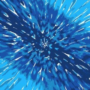 A vibrant blue abstract swirl radiates outward creating a sense of motion and depth against a lighter blue background with sharp contrasts and dynamic lines suggesting energy and movement.
