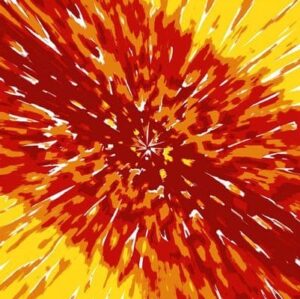 A swirling pattern of red and yellow radiating outward from a central point creates a burst-like effect resembling an explosion or sunburst against a bright background.