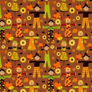 Colorful cartoon scarecrows stand with arms outstretched holding pumpkins amidst a backdrop of sunflowers on a brown patterned surface creating a festive harvest scene