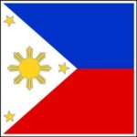 A rectangular flag featuring a blue upper section a red lower section and a white Bandana triangle with a yellow sun in the center and three yellow stars arranged along the triangle’s edges.