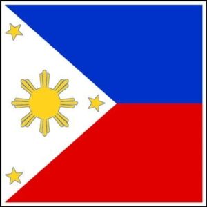 A rectangular flag featuring a blue upper section a red lower section and a white Bandana triangle with a yellow sun in the center and three yellow stars arranged along the triangle’s edges.