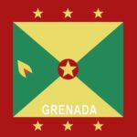 A rectangular flag features a green and yellow diagonal design with a red border. A yellow star is centered  surrounded by six smaller stars. The word GRENADA is written in white at the bottom.