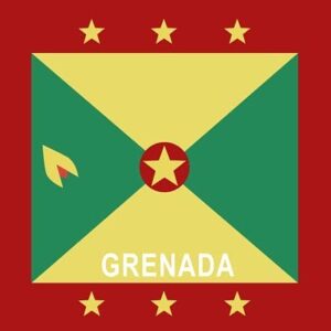 A rectangular flag features a green and yellow diagonal design with a red border. A yellow star is centered  surrounded by six smaller stars. The word GRENADA is written in white at the bottom.