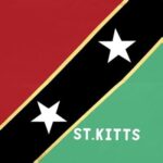 A flag with red and green sections and a central black diagonal stripe featuring two white stars is displayed alongside the text ST.KITTS on the lower right corner
