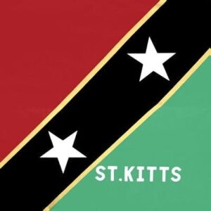 A flag with red and green sections and a central black diagonal stripe featuring two white stars is displayed alongside the text ST.KITTS on the lower right corner