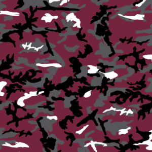 A camouflage pattern features abstract shapes in black gray white and maroon colors creating a chaotic yet cohesive design that enhances blending into various environments like forests or urban settings