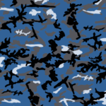 A camouflage pattern features various shapes in black gray and blue hues creating a textured and abstract design reminiscent of natural environments such as forests or urban settings.