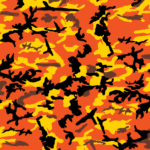 A vibrant camouflage pattern features bold black shapes interspersed among bright yellow and orange backgrounds with hints of brown creating a dynamic abstract design suitable for military or fashion contexts.