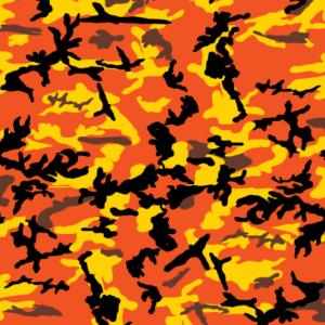A vibrant camouflage pattern features bold black shapes interspersed among bright yellow and orange backgrounds with hints of brown creating a dynamic abstract design suitable for military or fashion contexts.