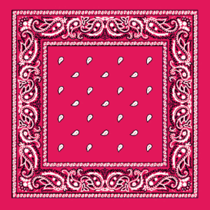 A vibrant pink bandana features a central pattern of small white teardrops surrounded by intricate paisley designs in black and white along the borders