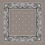 A decorative bandana with a central gray area featuring small white teardrop shapes surrounded by an ornate black and white paisley border creating a symmetrical pattern.
