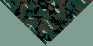 A camouflage-patterned fabric covers a corner of a space with shades of green brown and black arranged in a non-repeating organic design suitable for military or outdoor settings.