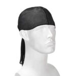 A black do-rag is positioned on a white mannequin head featuring a smooth surface and an expressionless face reflecting a typical display for headwear in retail contexts.