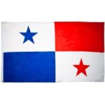 A flag with a red star on a white background in the top left and a blue star on a white background in the bottom right divided by two colored sections red and blue.