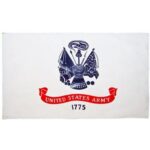 A rectangular flag features a blue and white emblem of the United States Army with various military symbols above the text UNITED STATES ARMY and the year 1775 in red ribbon form.