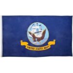 A blue flag displays the United States Navy emblem featuring a ship and an eagle with a yellow banner that reads UNITED STATES NAVY at the bottom