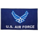 A rectangular blue flag featuring a central emblem of stylized wings in light blue above the text U.S. AIR FORCE in bold white letters displayed on a flat surface.