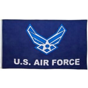 A rectangular blue flag featuring a central emblem of stylized wings in light blue above the text U.S. AIR FORCE in bold white letters displayed on a flat surface.