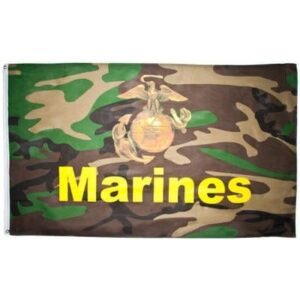 A military flag featuring a camouflage pattern with a central emblem of an eagle  globe  and anchor above the bold yellow text reading Marines showcasing a strong military identity.