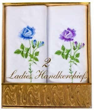Two white handkerchiefs with colorful floral embroidery feature a blue rose and a purple rose with green leaves inside a decorative golden box labeled 2 Ladies Handkerchiefs