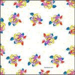 A white background features a repeating pattern of colorful flowers with pink and yellow blooms surrounded by green leaves and red accents among small yellow dots.